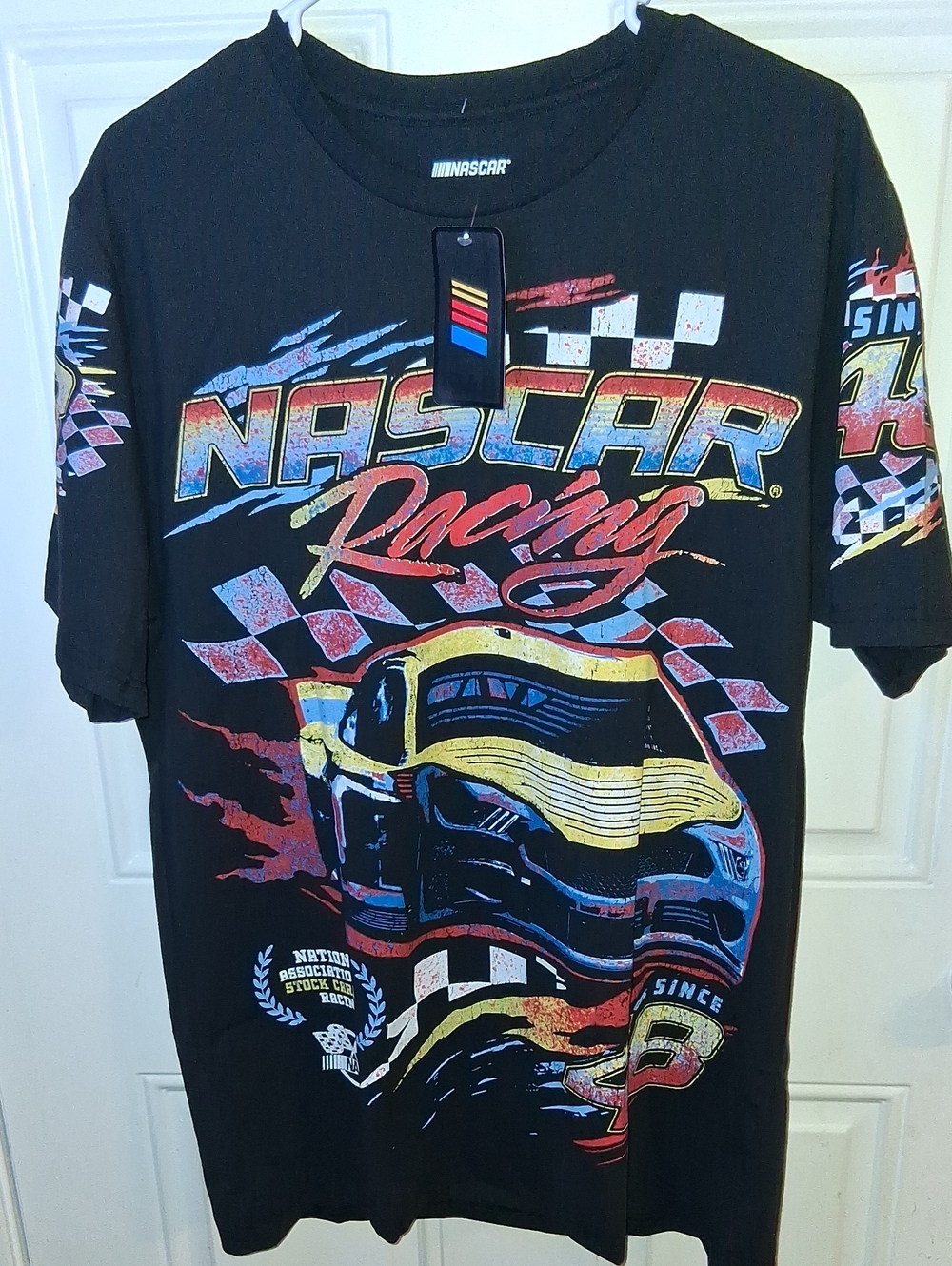 Nascar Black Tee with Yellow, Red & Blue Racing Accents